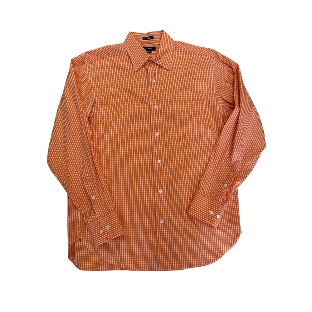 J Crew Men's Orange White Gingham Check Long Sleeve Dress Shirt Size S - Picture 1 of 3